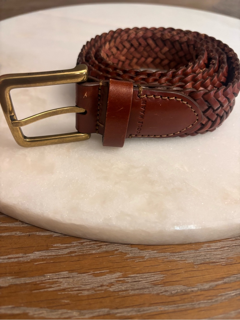 Cole Haan Braided Leather Belt in Chestnut Brown with Brass Buckle